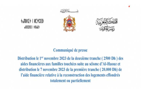 Distribution de la deuxième tranche des aides financières aux familles touchées suite au séisme d’Al-Haouz et distribution de la première tranche de l’aide financière relative à la reconstruction des logements effondrés totalement ou partiellement